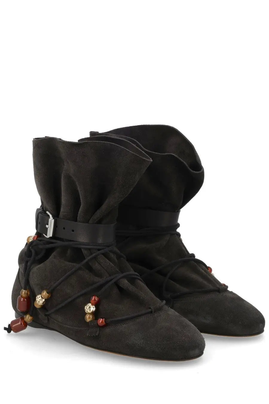 Isabel Marant women’s black suede ankle boots with ruffled cuff adjustable strap and decorative beaded lacing