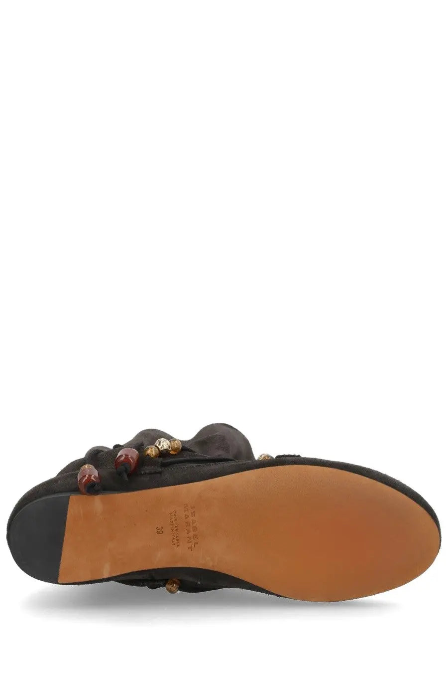 Isabel Marant women’s stivale letiz black suede slip-on shoe with decorative red and gold beads on the back side