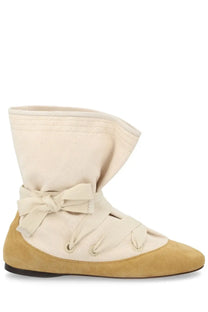 Beige canvas Isabel Marant women’s Stivale Letiz boot with suede toe and ankle bow