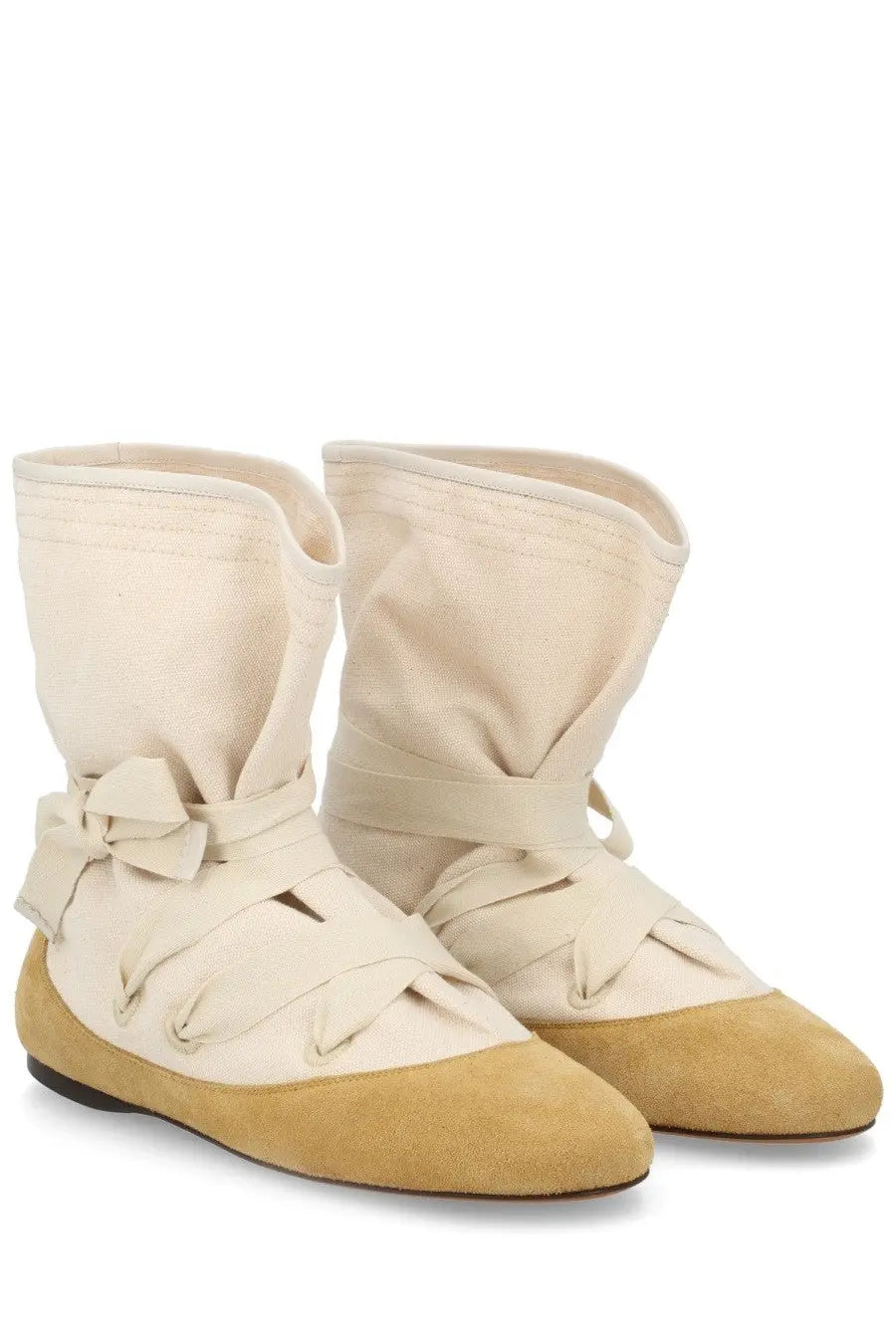 Isabel Marant women’s stivale letiz white cream canvas boots with tan suede toes and tied bow details