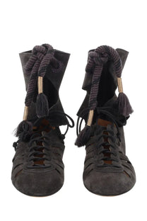 Isabel Marant women’s stivale liade black dark gray suede ankle boots with braided rope laces gold metallic accents and tassels