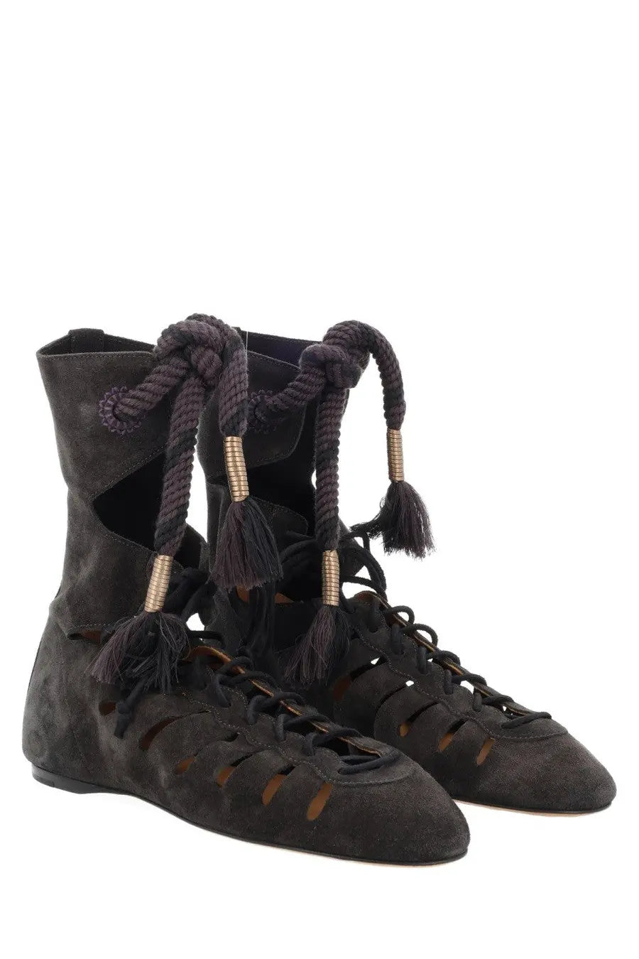 Isabel Marant women’s stivale liade black dark gray suede lace-up boots with braided rope laces and metallic accents