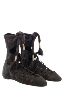 Isabel Marant women’s stivale liade black dark gray suede lace-up boots with braided rope laces and metallic accents