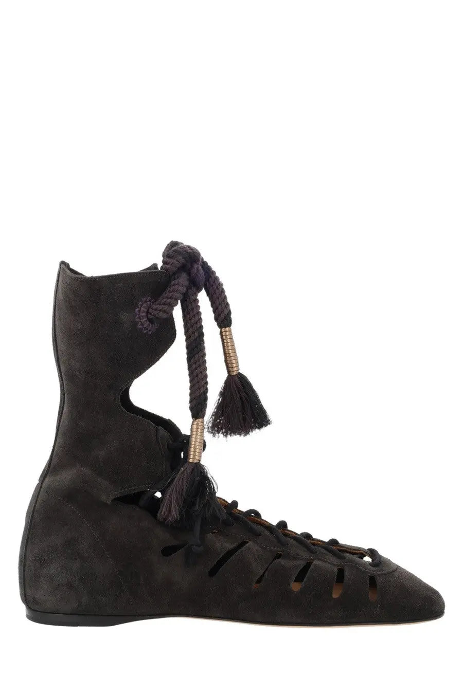 Isabel Marant women’s stivale liade black suede high-top boot with cut-out detailing braided metallic laces and tassels