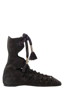 Isabel Marant women’s stivale liade black suede high-top boot with cut-out detailing braided metallic laces and tassels