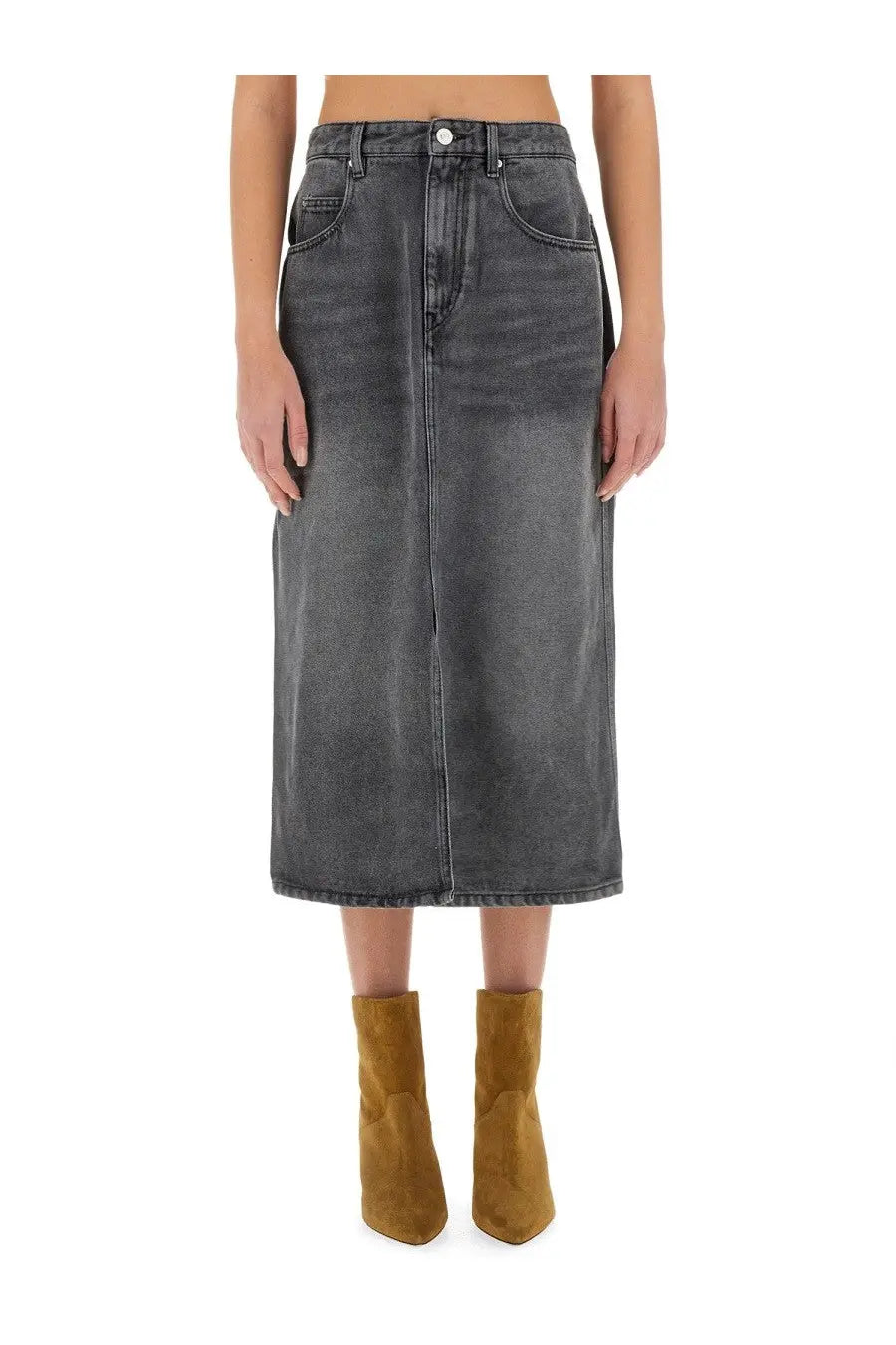 Isabel Marant women’s tilauria skirt in faded dark gray high-waisted denim with front pockets and button closure