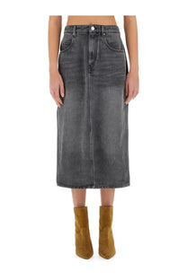 Isabel Marant women’s tilauria skirt in faded dark gray high-waisted denim with front pockets and button closure