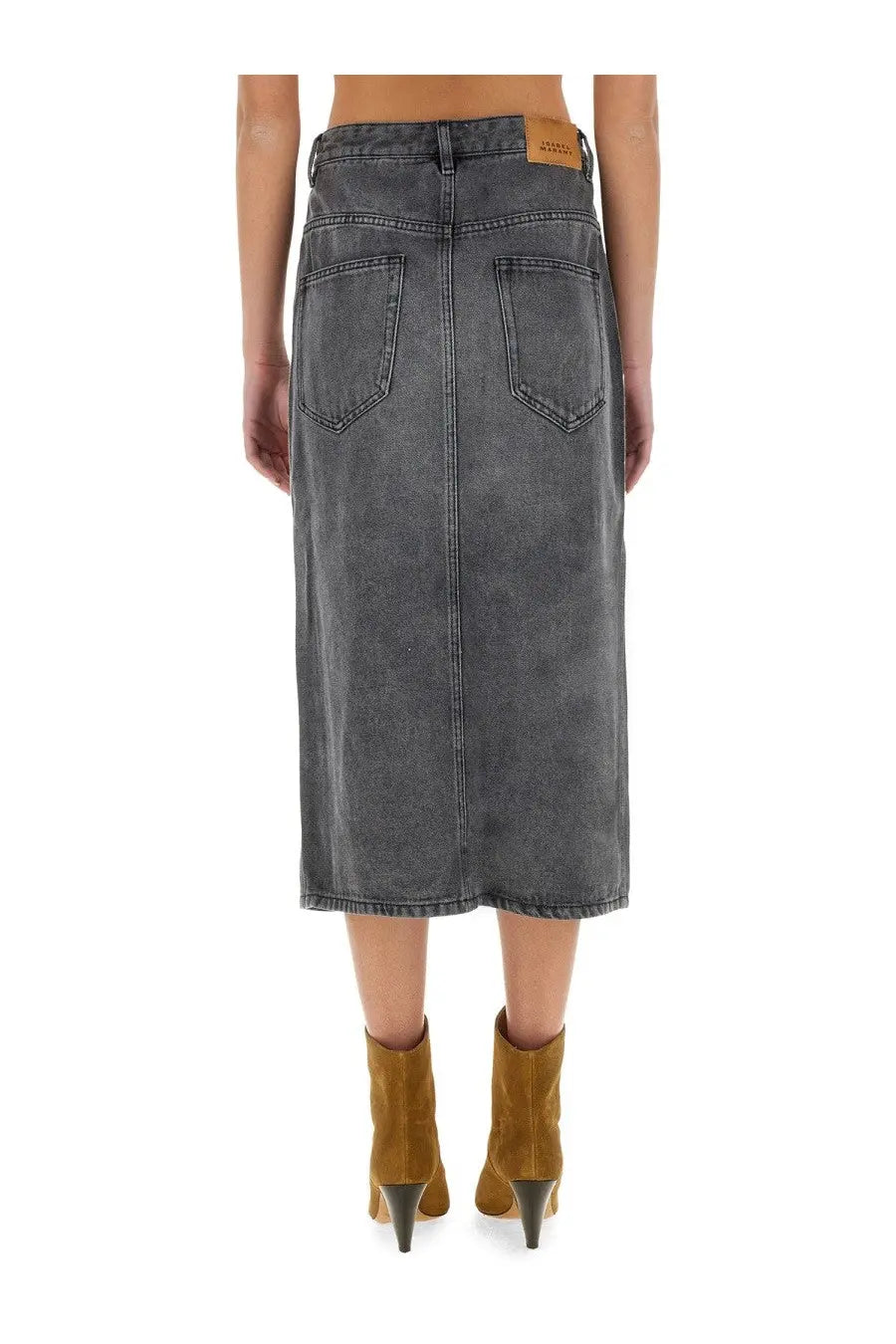 Isabel marant women’s tilauria mid-calf denim skirt in faded dark gray with back pockets and brown leather patch