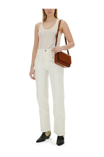 Isabel Marant women’s tan leather crossbody bag with structured rectangular shape and top flap closure