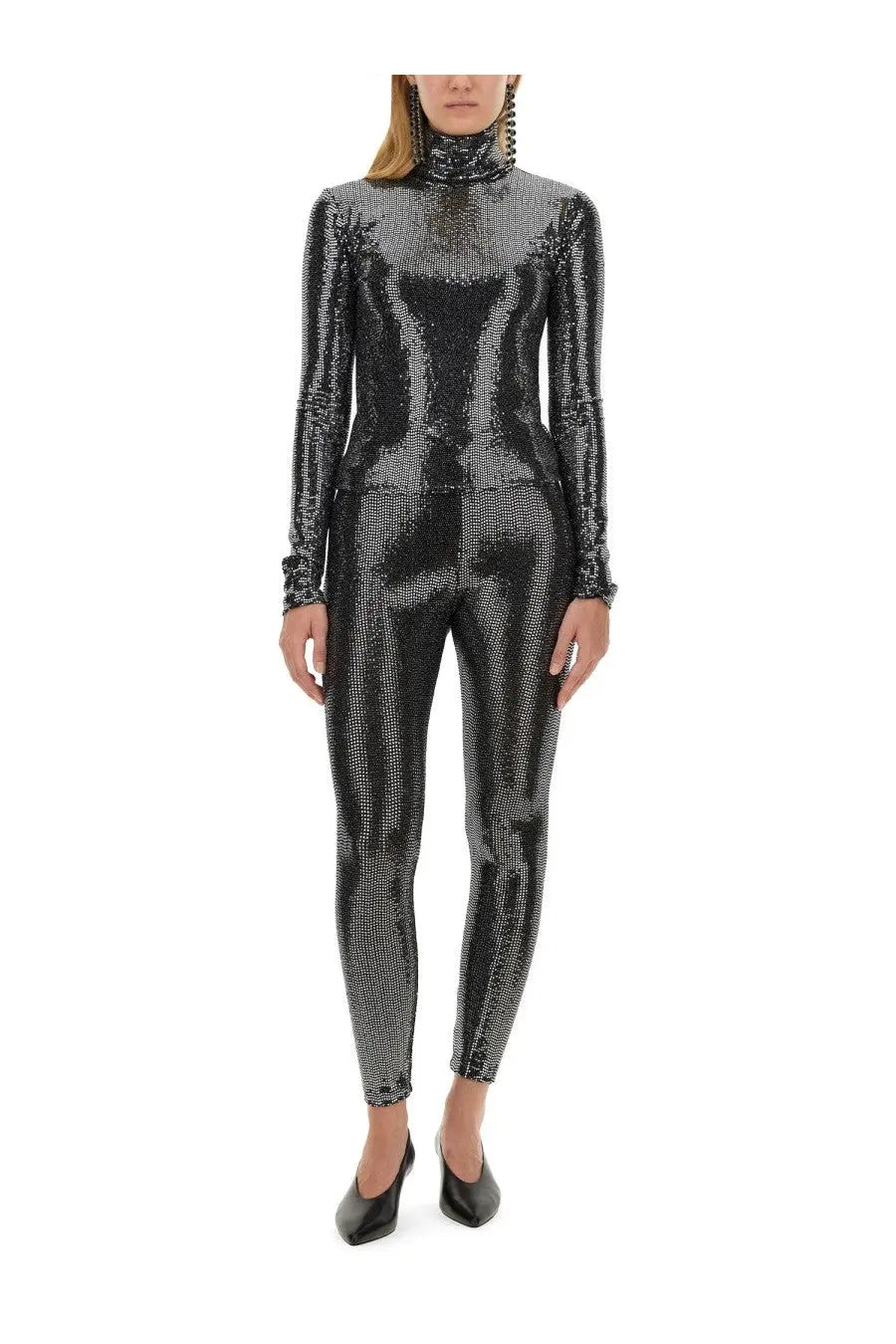 Isabel Marant women’s black high neck jumpsuit with long sleeves shimmering in silver sequins