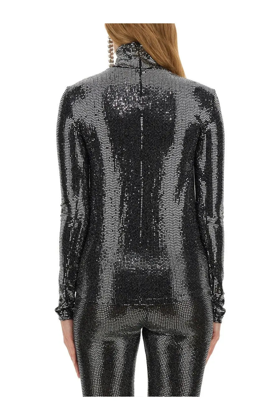 Isabel Marant women’s top joyela black shimmering black and silver sequined jumpsuit with high collar and long sleeves