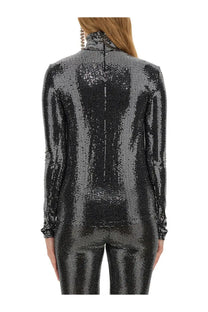 Isabel Marant women’s top joyela black shimmering black and silver sequined jumpsuit with high collar and long sleeves