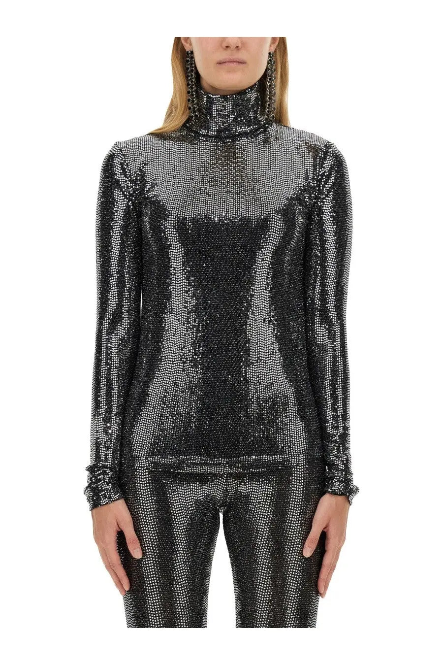 Isabel Marant women’s black turtleneck top with long sleeves in shimmering black and silver sequined fabric