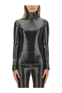 Isabel Marant women’s black turtleneck top with long sleeves in shimmering black and silver sequined fabric