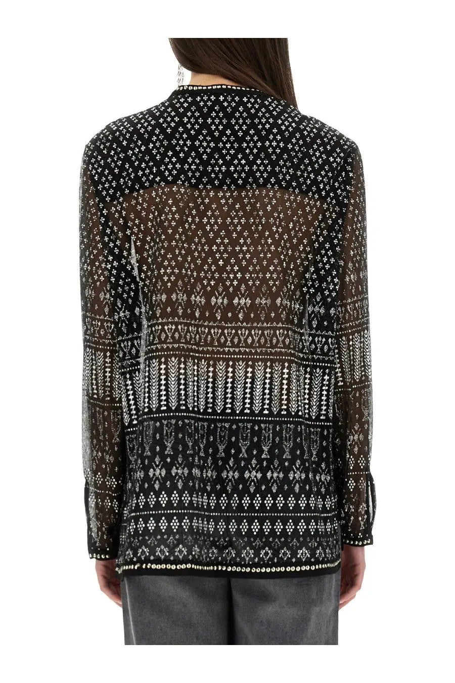 Back view of isabel marant women’s black sheer blouse with white geometric tribal embroidery high neckline long sleeves