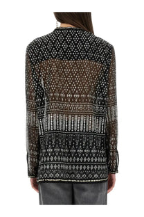 Back view of isabel marant women’s black sheer blouse with white geometric tribal embroidery high neckline long sleeves