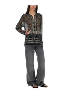 Isabel Marant women’s black sheer blouse with intricate white beadwork and geometric embroidery on front