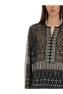 Isabel Marant women’s black sheer blouse with intricate white geometric embroidery and beaded neckline detail