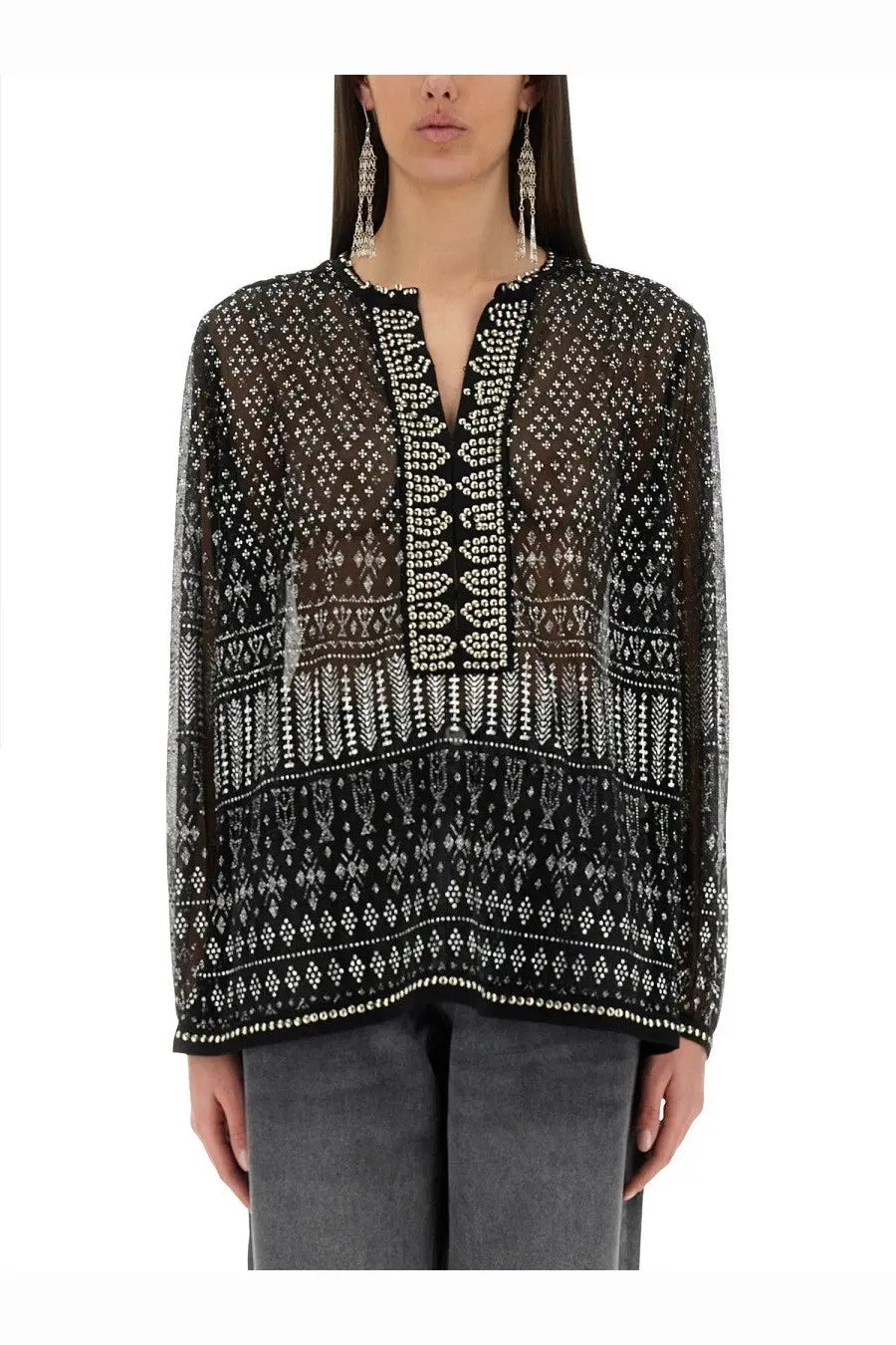 Isabel Marant women’s black sheer blouse with intricate white geometric embroidery and beaded neckline detailing