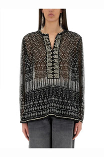 Isabel Marant women’s black sheer blouse with intricate white geometric embroidery and beaded neckline detailing