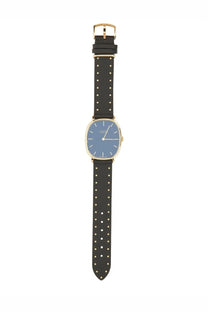 Isabel Marant women’s watch with black studded leather strap gold-tone case and blue dial oval multicolor design