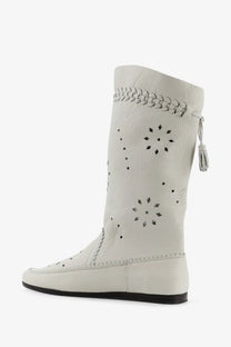 Isabel Marant women’s white leather boots with decorative perforated star patterns and braided strap detail