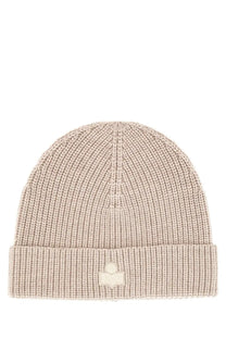 Isabel marant women’s wool hat beige ribbed knit beanie with small embroidered logo on folded brim