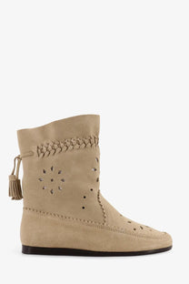 Beige suede ankle boot with braided detailing decorative cutouts and tassel pull from Isabel Marant womens Woosta boots