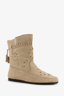 Beige suede ankle boot with braided trim cut-out patterns and tassel accent from Isabel Marant women’s Woosta boots