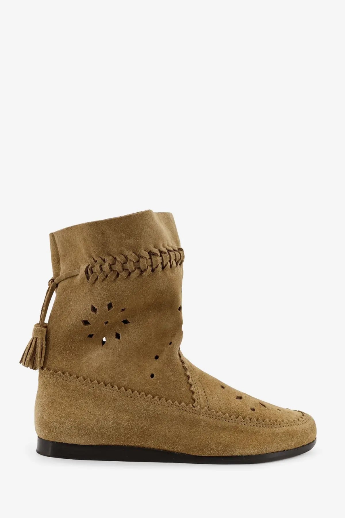 Isabel Marant women’s woosta suede ankle boot in tan with braided leather detailing and a decorative tassel