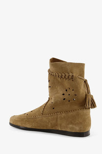 Isabel Marant women’s Woosta suede ankle boot in beige with braided detailing and tassel accent in tan suede