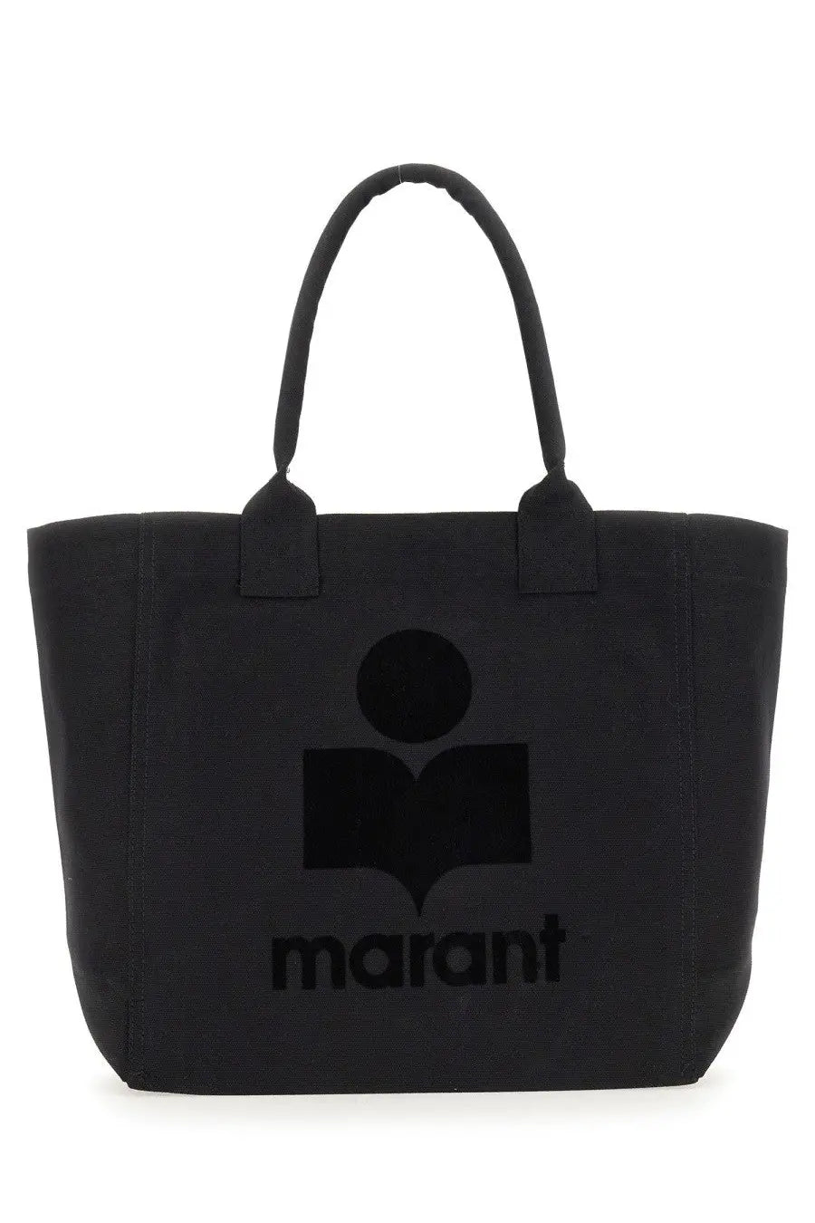 Isabel Marant women’s small black canvas tote bag with bold black logo and marant brand name printed below