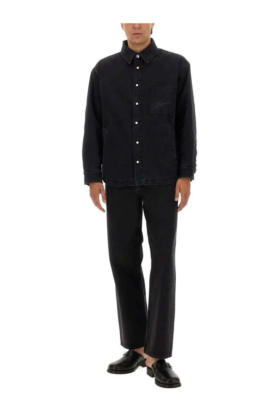 Jacquemus men’s boulanger black denim button-up shirt with subtle embroidered logo on the chest pocket