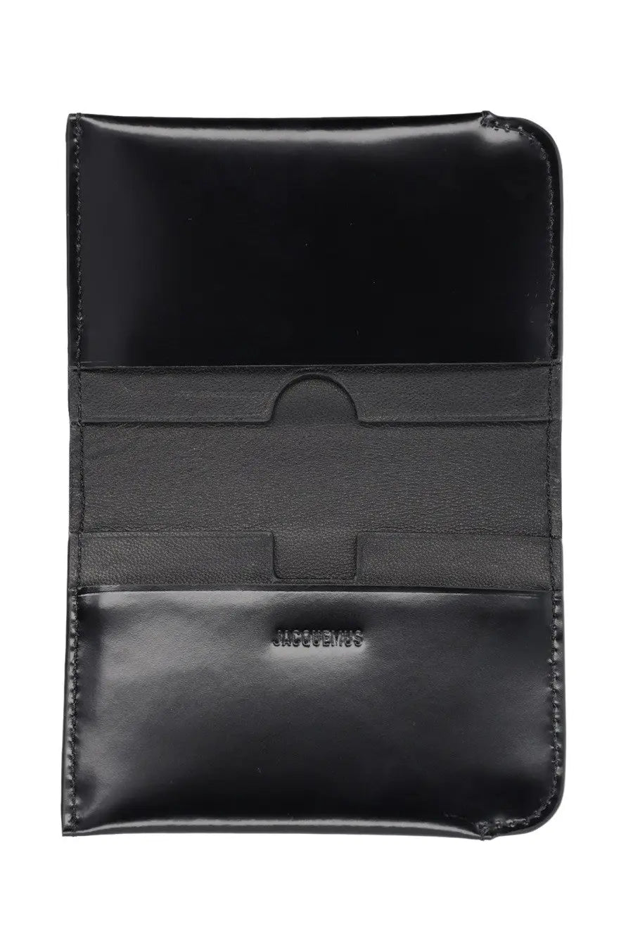 Black leather jacquemus men’s curved wallet with glossy finish and embossed branding on front side