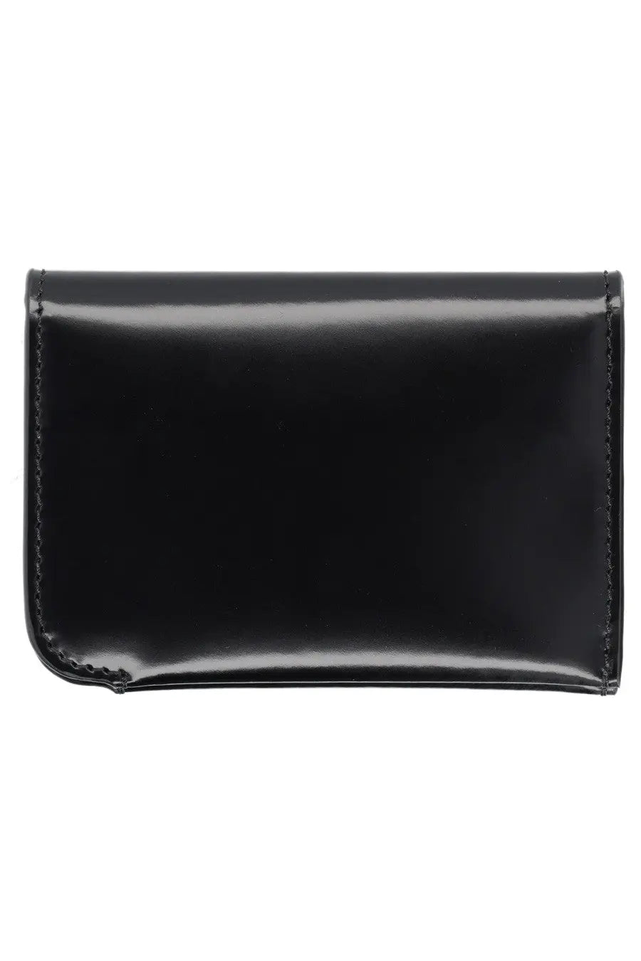 Jacquemus men’s curved wallet in black patent leather with precise edge stitching visible in the image