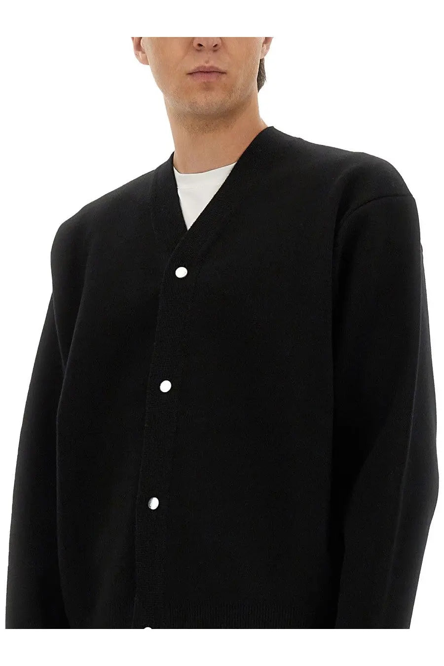 Jacquemus men’s black knit double cardigan with white buttons front view