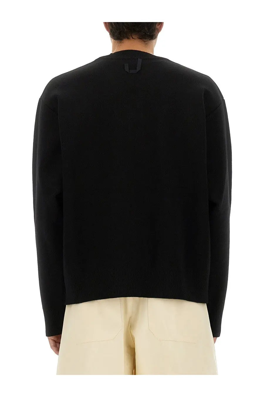 Black jacquemus men’s double cardigan knit sweater with long sleeves and subtle logo at neckline