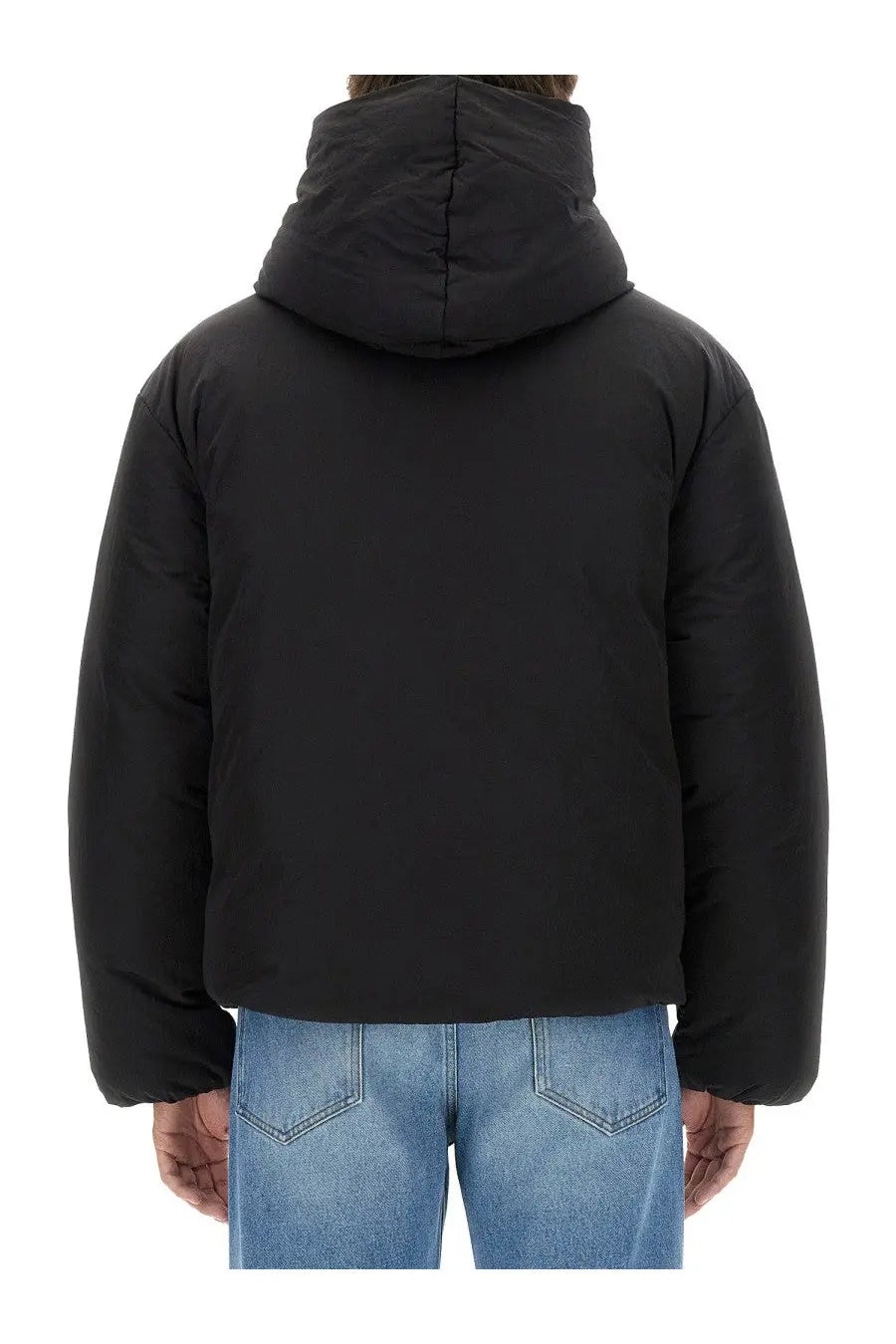 Jacquemus men’s black down puffer jacket with hood and quilted design for cold weather wear