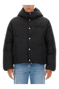 Jacquemus men’s black down jacket la doudoune with hood silver buttons and single chest pocket in puffer style