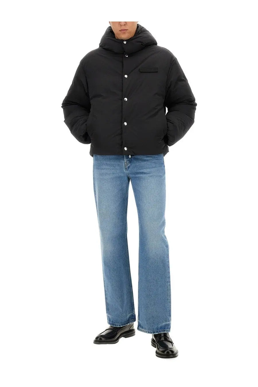 Jacquemus men’s black down puffer jacket with hood and silver buttons designed for cold weather wear