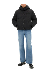 Jacquemus men’s black down puffer jacket with hood and silver buttons designed for cold weather wear