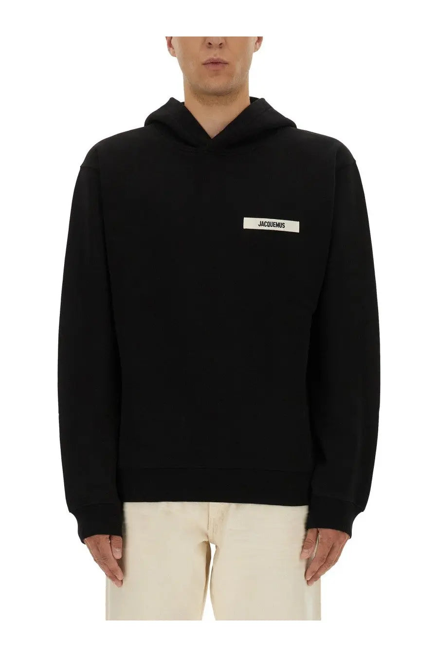 Jacquemus men’s felpa con cappuccio black hoodie with minimalist white rectangular logo patch on the chest