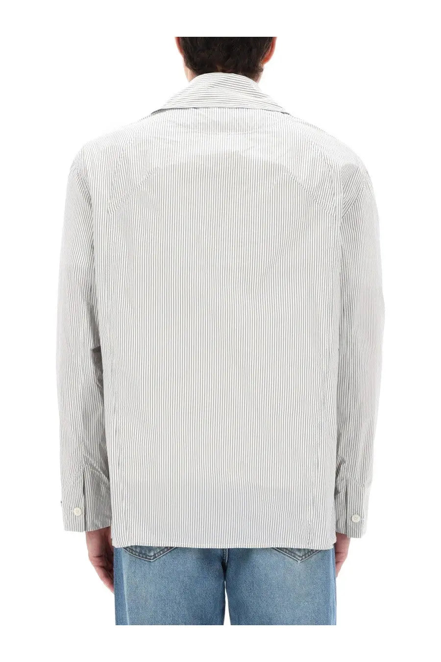 Jacquemus men’s giacca la veste boutis white cotton shirt with light gray and white vertical stripes and classic collar