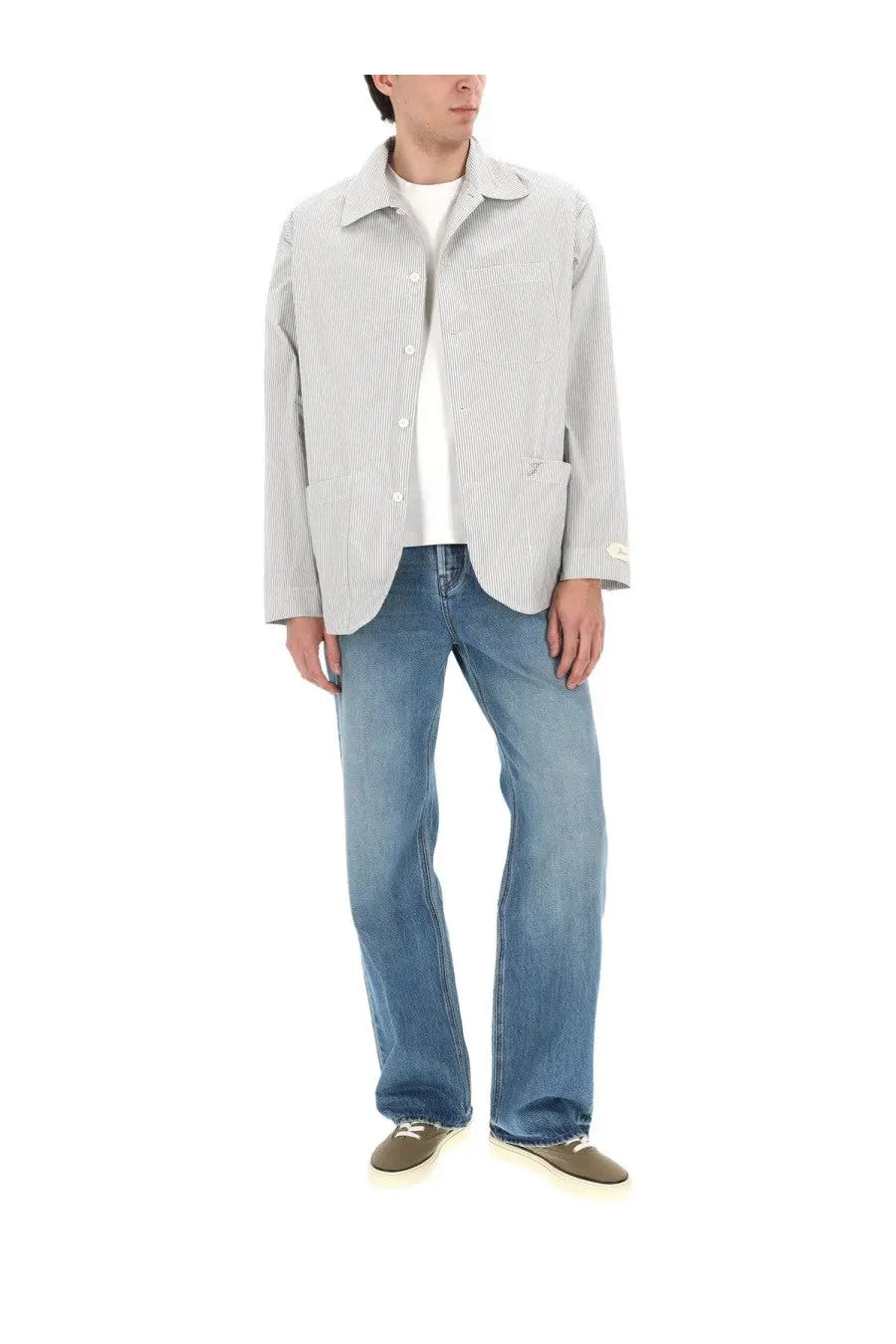Jacquemus men’s giacca la veste boutis white light gray and white striped cotton button-up jacket with classic collar