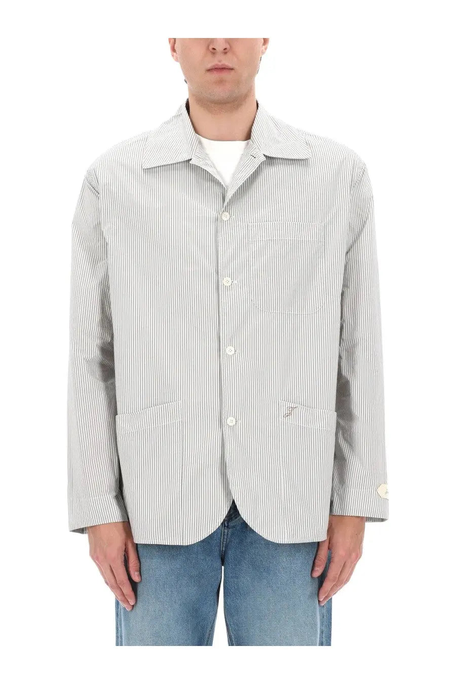 Jacquemus men’s giacca la veste boutis white cotton jacket with light gray and white vertical stripes and front pockets