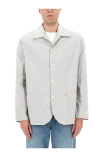 Jacquemus men’s giacca la veste boutis white cotton jacket with light gray and white vertical stripes and front pockets