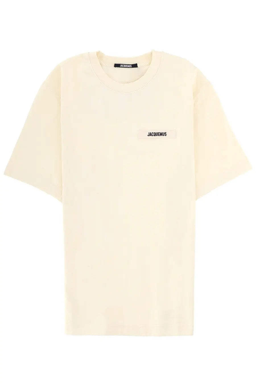 Jacquemus men’s beige oversized cotton t shirt with minimalist black logo patch on chest and matching neckline label