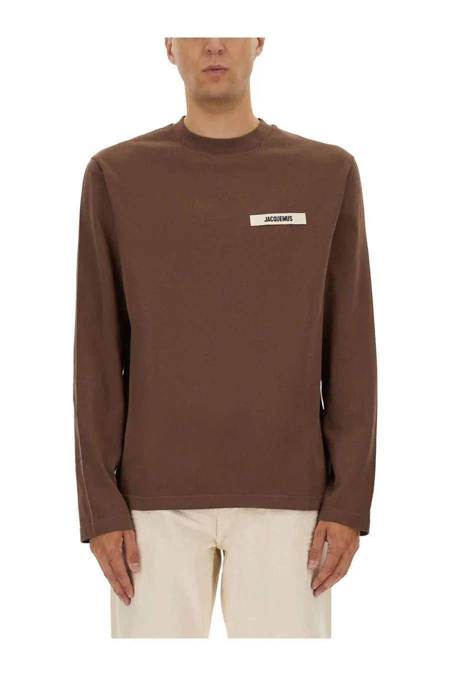 Jacquemus men’s brown long-sleeved crewneck sweatshirt with white jacquemus label on left chest