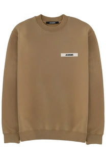 Jacquemus men’s beige crewneck grosgrain sweatshirt with minimalist white label detail in cotton blend fabric