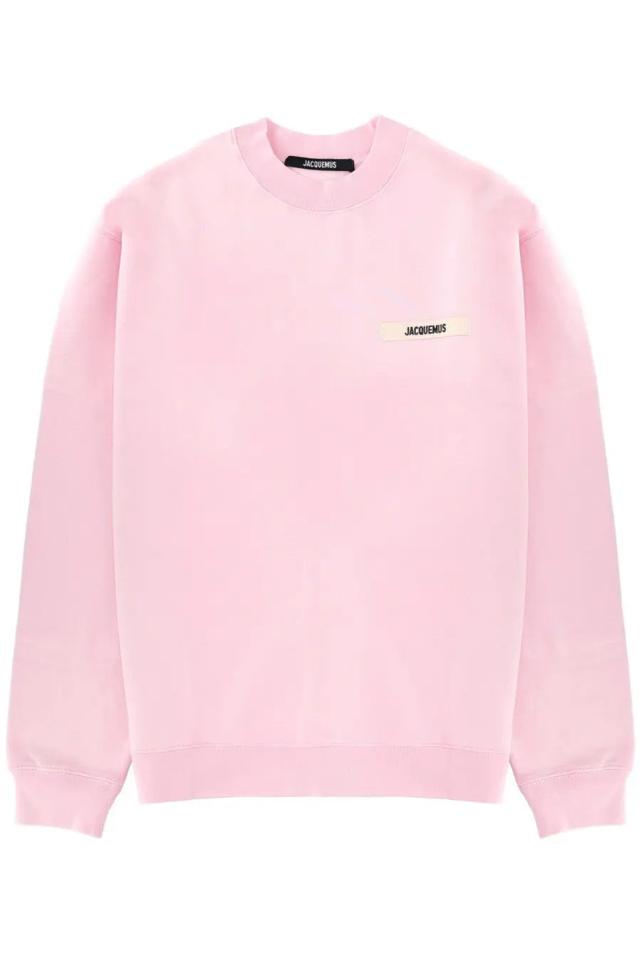 A soft pink jacquemus crewneck sweatshirt with minimalist design and branded labels on chest and collar